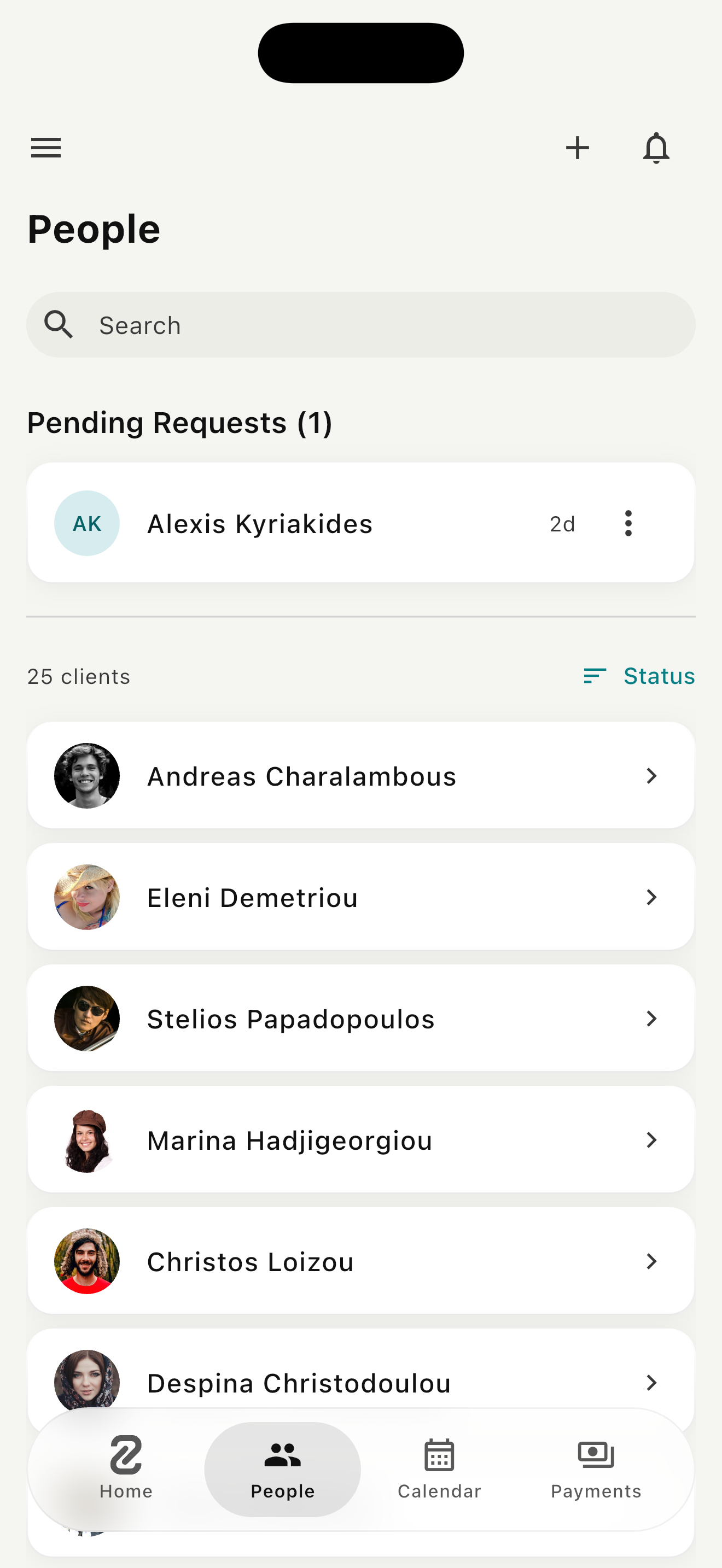 Zuki Business - client list with avatars and search
