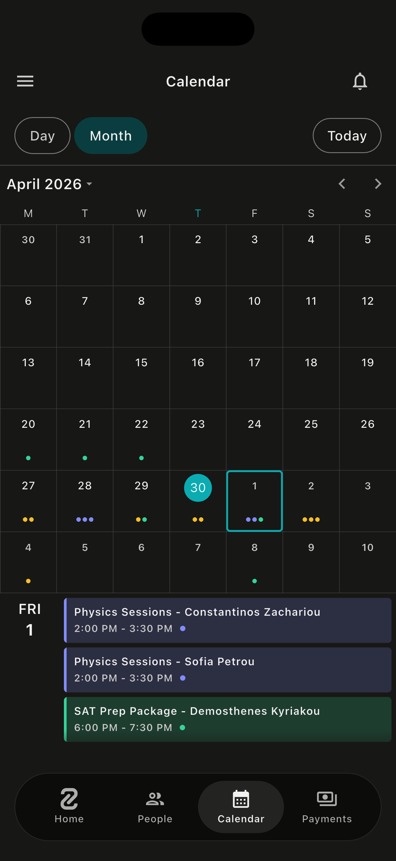 Zuki Business - calendar with sessions and billing dates